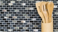 Mosaic tile kitchen splashback translucent black brick glass mosaic crystal stone shell black MOS87-B03S_f