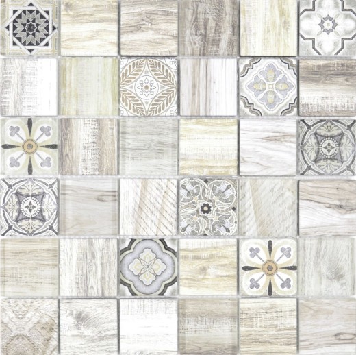 Glass mosaic mix cream brown mosaic tile wall tile backsplash kitchen wood effect bathroom MOS160-w100_f