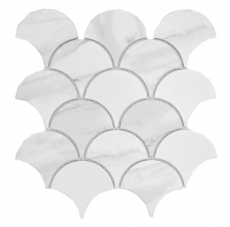 Hand-painted ceramic mosaic fan Cararra fish scale white gray matt MOS13-FS0102_m