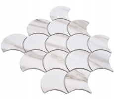 Hand-painted ceramic mosaic fan Calacatta fish scales white gray-brown matt MOS13-FS112_m