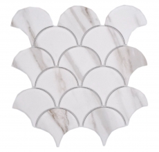 Hand-painted ceramic mosaic fan Calacatta fish scales white gray-brown matt MOS13-FS112_m