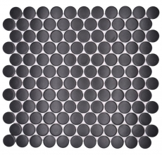 Hand-patterned ceramic mosaic tile Button Loop Penny Round plain black matt MOS10-0311GR_m