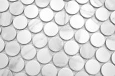Hand-patterned ceramic mosaic tile Button Loop Penny Round Cararra white gray matt MOS10-1102GR_m