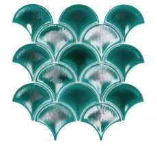 Hand-painted ceramic mosaic tile fan fish scales plain dark green ice crackled style MOS13-FS5_m