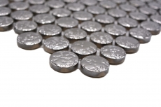 Hand-patterned ceramic mosaic tile Button Loop Penny Round uni silver hammered MOS10-0207_m