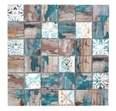 Hand-painted glass mosaic mosaic tile Medio Vintage Patchwork beige pertrol wood effect ornament MOS160-W800_m