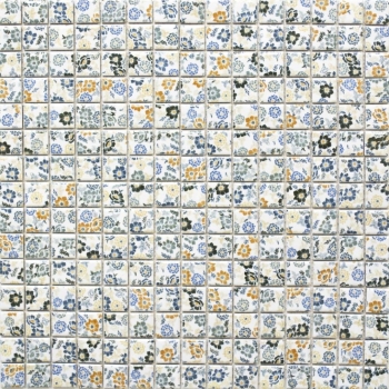 Hand-patterned mosaic tile retro vintage ceramic white colorful flowers tile backsplash MOS18C-1401_m