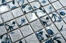 Mosaic tiles retro vintage ceramic white blue flower kitchen splashback MOS18D-1404_f | 10 mosaic mats