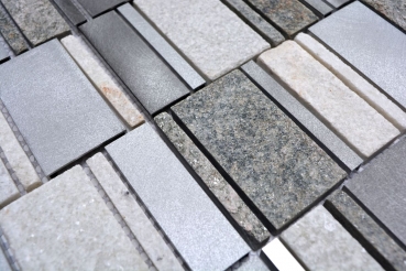 Hand pattern mosaic tile quartzite natural stone aluminum silver gray light beige rectangle MOS49-505_m