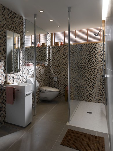 Marble mosaic tile natural stone cream beige red green random shower screen - MOS42-1204