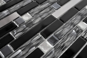 Glass mosaic rods stainless steel silver black tile backsplash kitchen wall MOS67-GV478