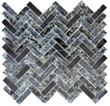 Hand-patterned mosaic tile Translucent black herringbone glass mosaic Crystal stone black MOS87HB-0328_m