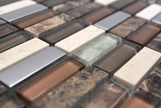 Rectangular mosaic tiles glass mosaic rods brown silver beige natural stone marble tile backsplash wall bathroom kitchen - MOS87-SM78