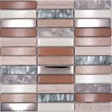 Rectangular mosaic tiles glass mosaic stone light brown silver light gray beige tile backsplash wall tile kitchen WC - MOS87-68X
