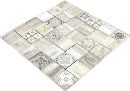 Mosaic tile patchwork cream brown mosaic tile wall tile mirror wood look bathroom MOS160-w100
