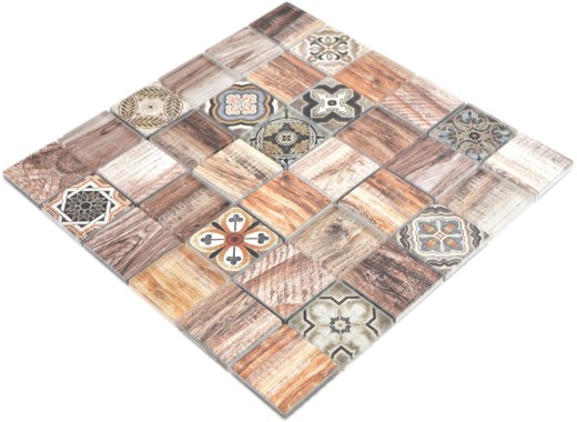 Mosaic tile patchwork brown beige marrone wood-effect kitchen splashback MOS160-w200