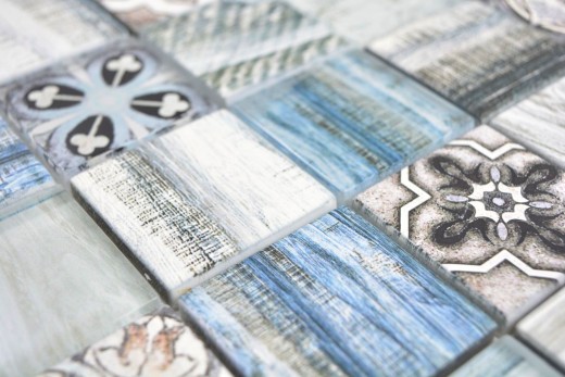 Mosaic tile patchwork mix light blue azzurro mosaic tile wall wood look kitchen splashback MOS160-w300