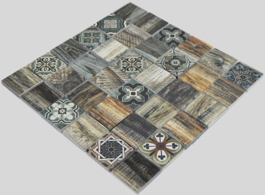 Mosaic tile patchwork beachhouse wood look RETRO vintage blue green wall kitchen tile backsplash bathroom MOS160-w500