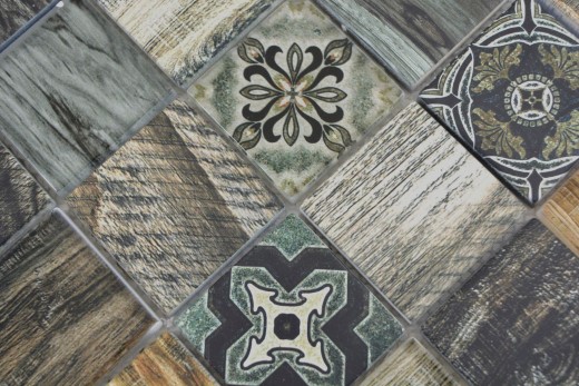 Mosaic tile patchwork beachhouse wood look RETRO vintage blue green wall kitchen tile backsplash bathroom MOS160-w500