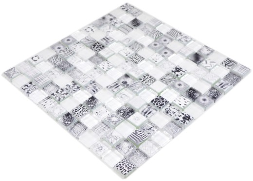 Glass mosaic mosaic tiles Arts and Crafts white black pattern wall tile backsplash kitchen shower bathroom MOS74-0203