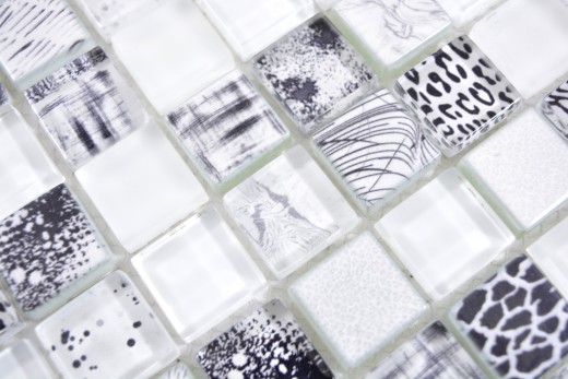 Glass mosaic mosaic tiles Arts and Crafts white black pattern wall tile backsplash kitchen shower bathroom MOS74-0203