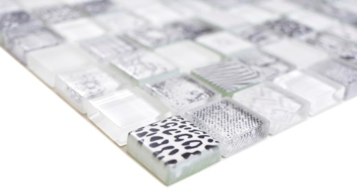 Glass mosaic mosaic tiles Arts and Crafts white black pattern wall tile backsplash kitchen shower bathroom MOS74-0203