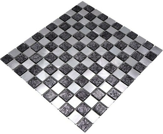 Mosaic rear wall aluminum glass mosaic aluminum checkerboard black silver MOS49-0302_f