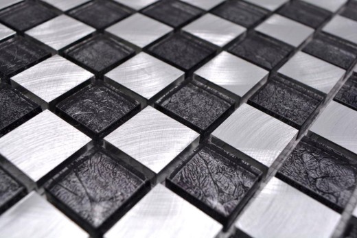 Mosaic rear wall aluminum glass mosaic aluminum checkerboard black silver MOS49-0302_8mm_f