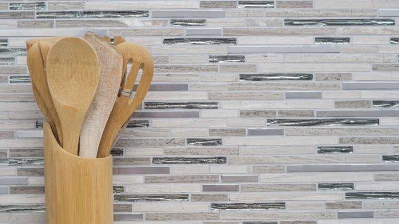Mosaic tile translucent stainless steel white wood composite glass mosaic Crystal stone steel wood white MOS86-SV85_f