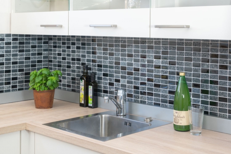 Mosaic tile kitchen splashback translucent gray black rectangle glass mosaic Crystal stone gray black MOS87-1303_f