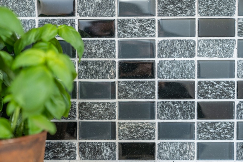 Mosaic tile kitchen splashback translucent gray black rectangle glass mosaic Crystal stone gray black MOS87-1303_f