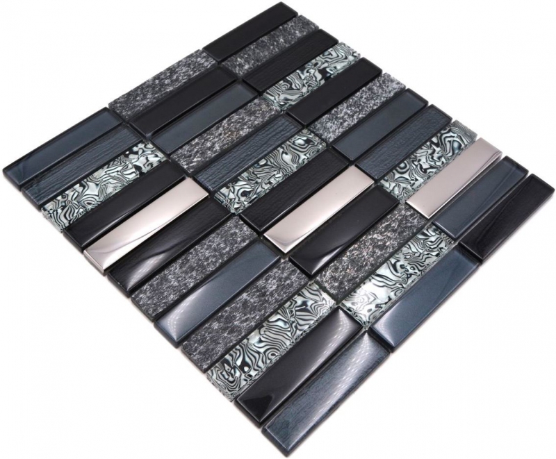 Mosaic tile kitchen splashback translucent silver gray black rectangle glass mosaic Crystal stone black MOS87-88X_f