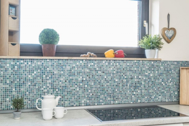 Mosaic tiles kitchen splashback green blue glass mosaic stone cream green blue MOS92-XCR1501_f