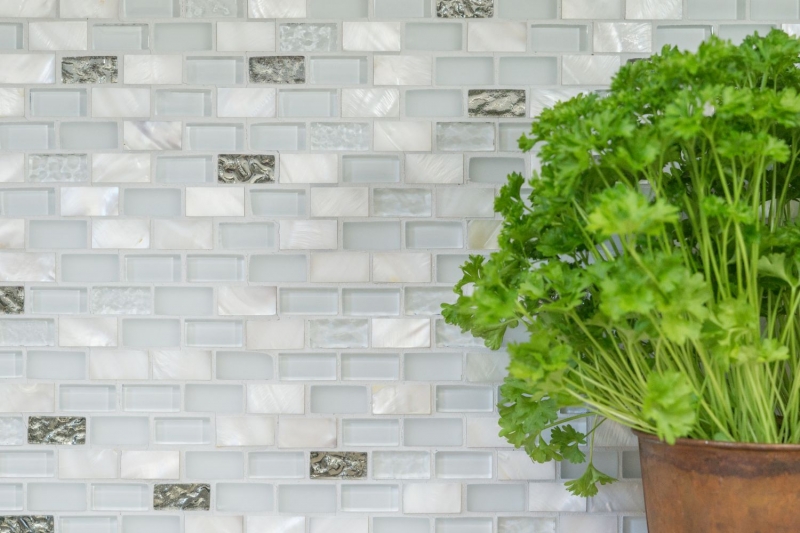 Mosaic tile kitchen splashback Translucent white Brick Glass mosaic Crystal stone Shell white MOS87-B01S_f