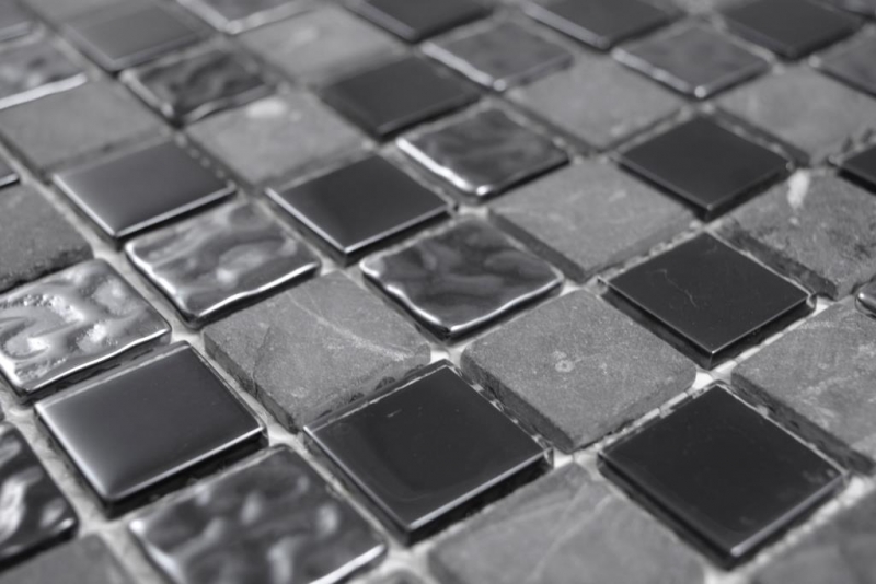 Mosaic tiles kitchen splashback gray black glass mosaic stone MOS62-0302-GN_f