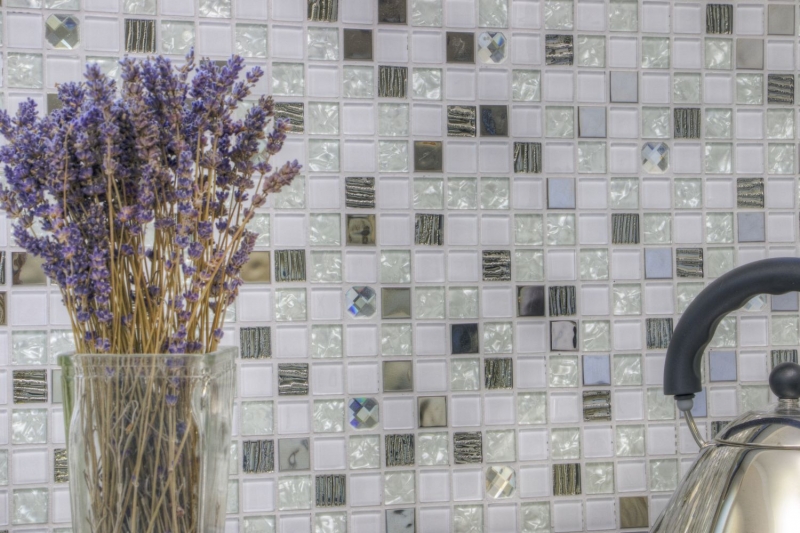 Mosaic tiles kitchen splashback self-adhesive stainless steel white glass mosaic steel white glass MOS200-4CM24_f