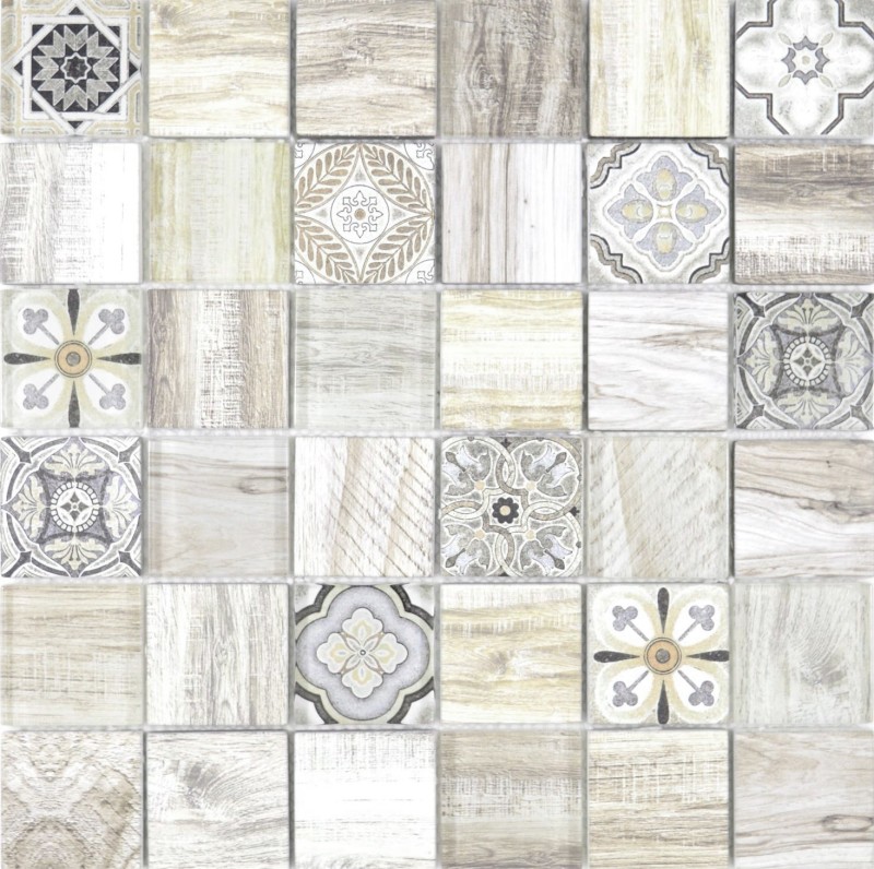 Glass mosaic mix cream brown mosaic tile wall tile backsplash kitchen wood effect bathroom MOS160-w100_f