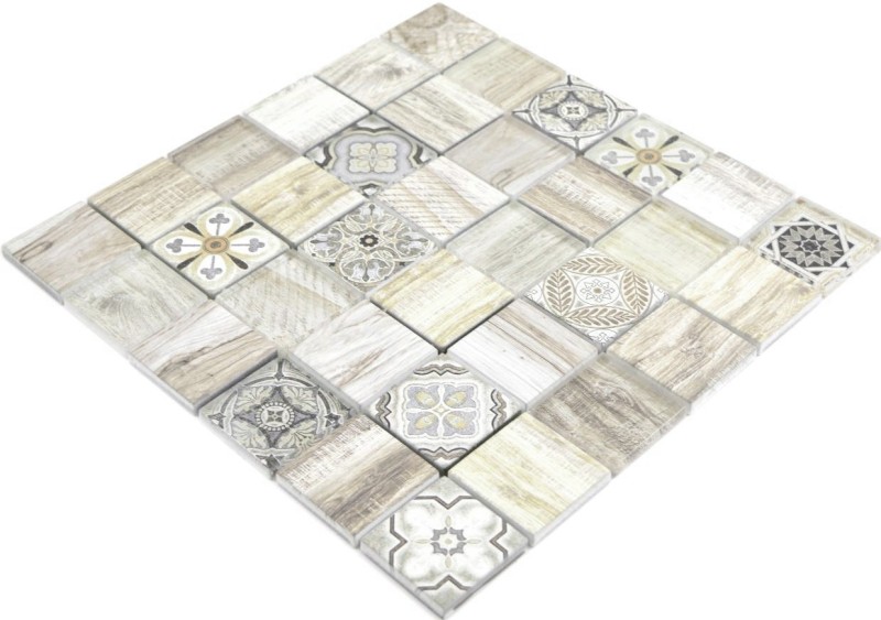 Glass mosaic mix cream brown mosaic tile wall tile backsplash kitchen wood effect bathroom MOS160-w100_f