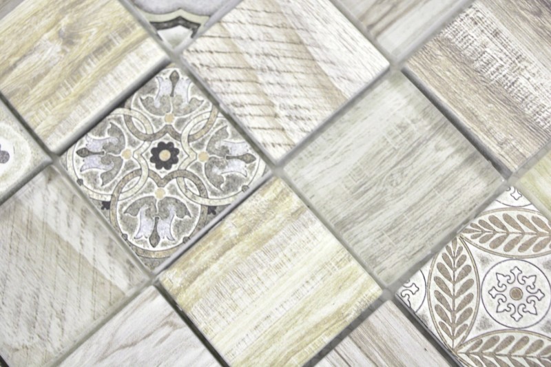 Glass mosaic mix cream brown mosaic tile wall tile backsplash kitchen wood effect bathroom MOS160-w100_f