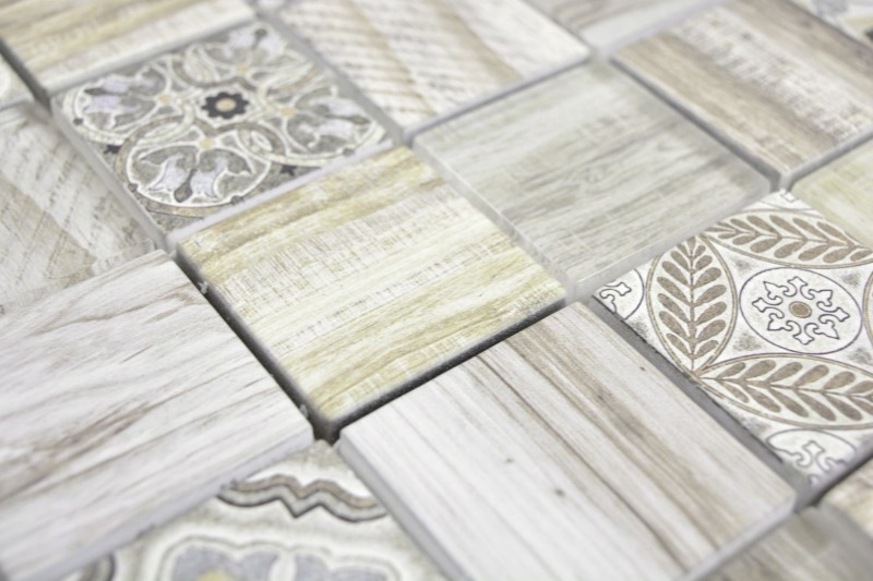 Glass mosaic mix cream brown mosaic tile wall tile backsplash kitchen wood effect bathroom MOS160-w100_f