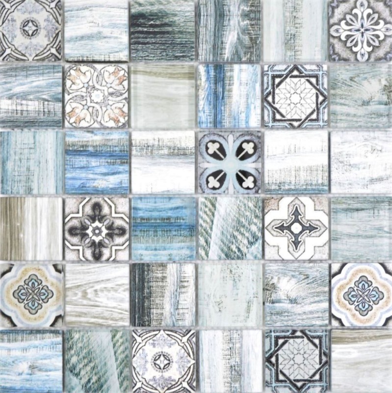 Glass mosaic mix light blue mosaic tile wall tile backsplash kitchen wood look bathroom MOS160-w300_f