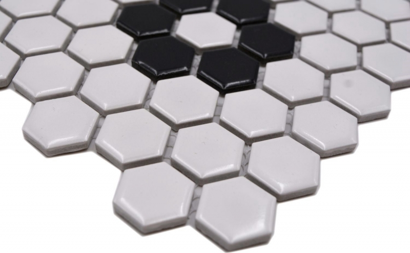 Mosaic tile ceramic mosaic hexagonal mix white black glossy tile backsplash bathroom kitchen MOS11A-0113G