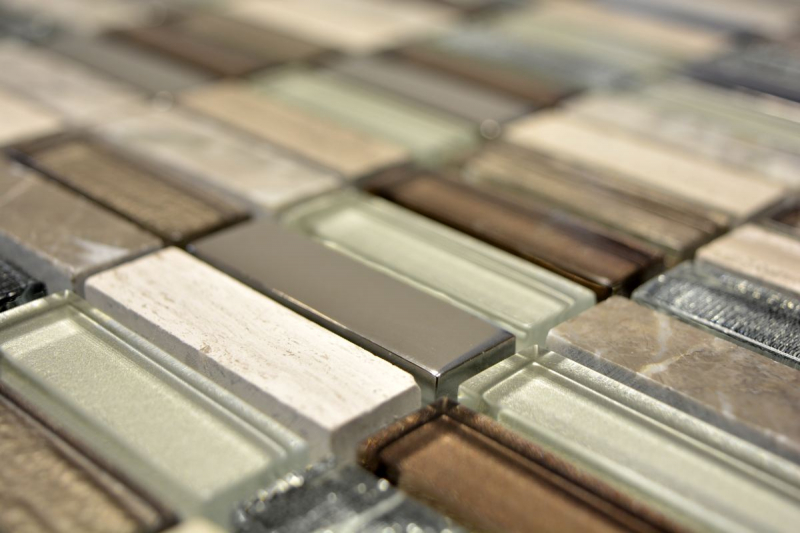 Rectangular mosaic tiles glass mosaic rods light brown silver gray natural stone marble tile backsplash kitchen wall - MOS87-SM68_f | 10 mosaic mats