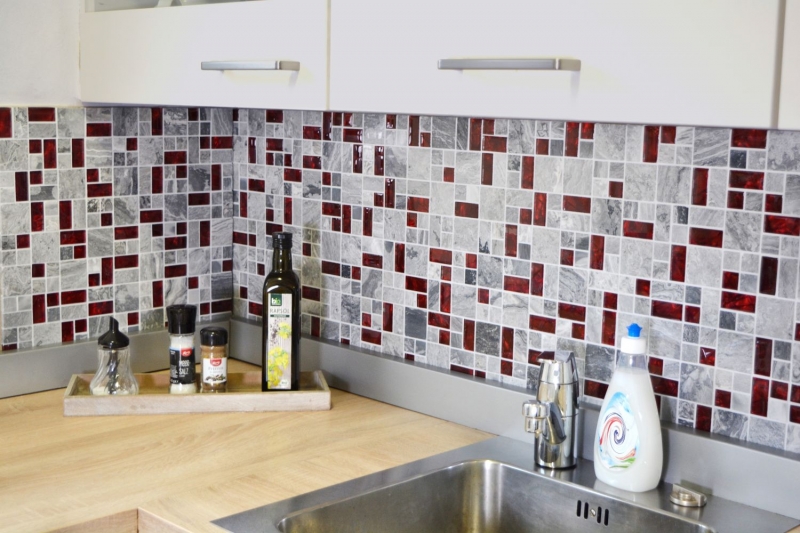 Natural stone glass mosaic gray with red glossy wall floor kitchen bathroom shower - MOS88-0409_f