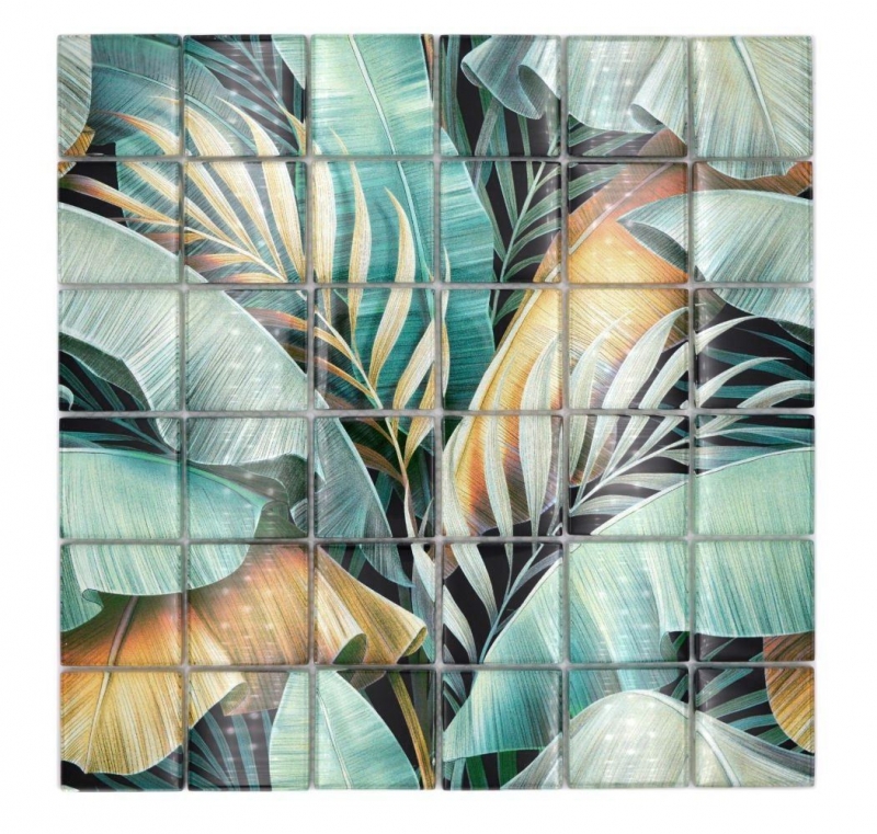 Glass mosaic mosaic tile rainforest green ochre yellow leaves look MOS88-Pic07