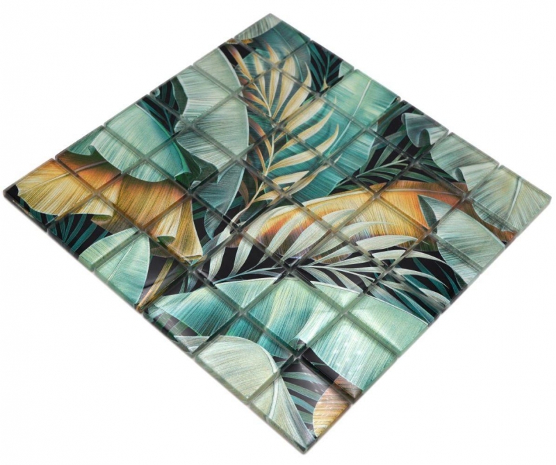 Glass mosaic mosaic tile rainforest green ochre yellow leaves look MOS88-Pic07