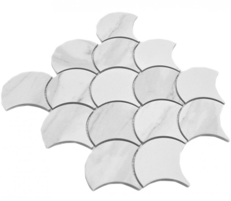 Hand-painted ceramic mosaic fan Cararra fish scale white gray matt MOS13-FS0102_m