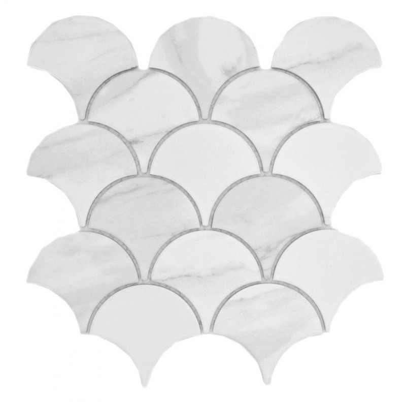 Hand-painted ceramic mosaic fan Cararra fish scale white gray matt MOS13-FS0102_m