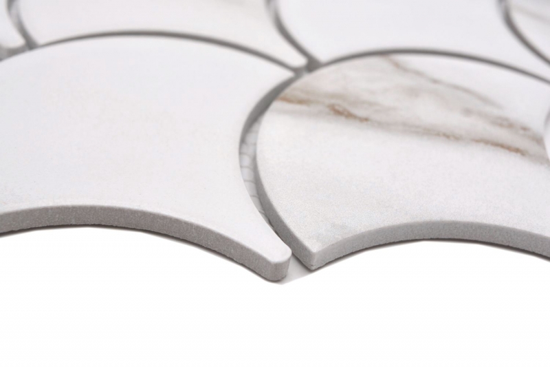 Hand-painted ceramic mosaic fan Calacatta fish scales white gray-brown matt MOS13-FS112_m