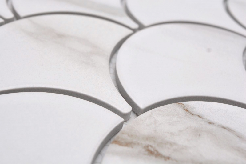 Hand-painted ceramic mosaic fan Calacatta fish scales white gray-brown matt MOS13-FS112_m